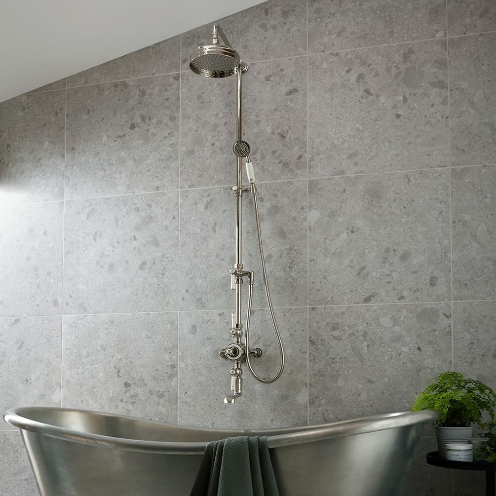 Lifestyle image of Booth & Co. Axbridge Nickel Thermostatic Shower Bath Column